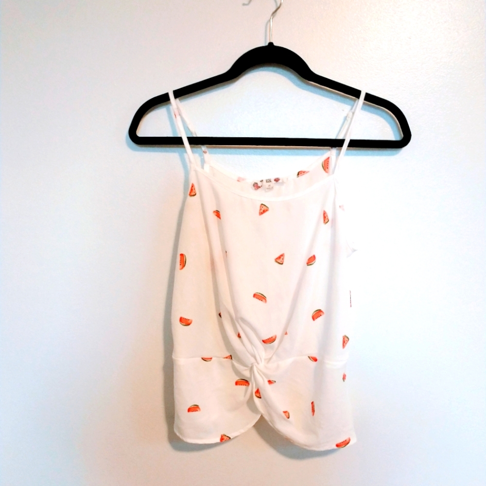 Hippie Rose white cami with draped knot front size medium, watermelon print
